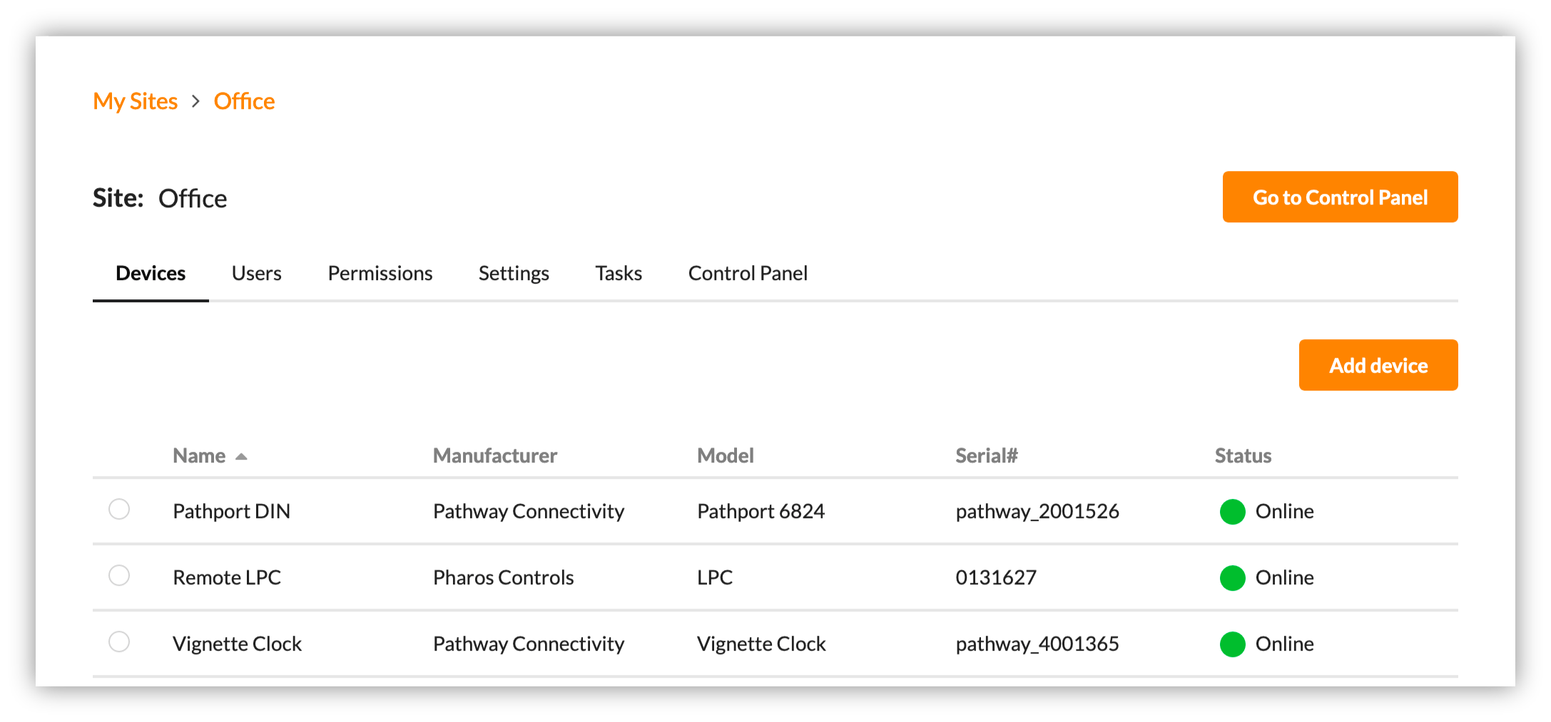 Screenshot of devices in a project in a SixEye portal
